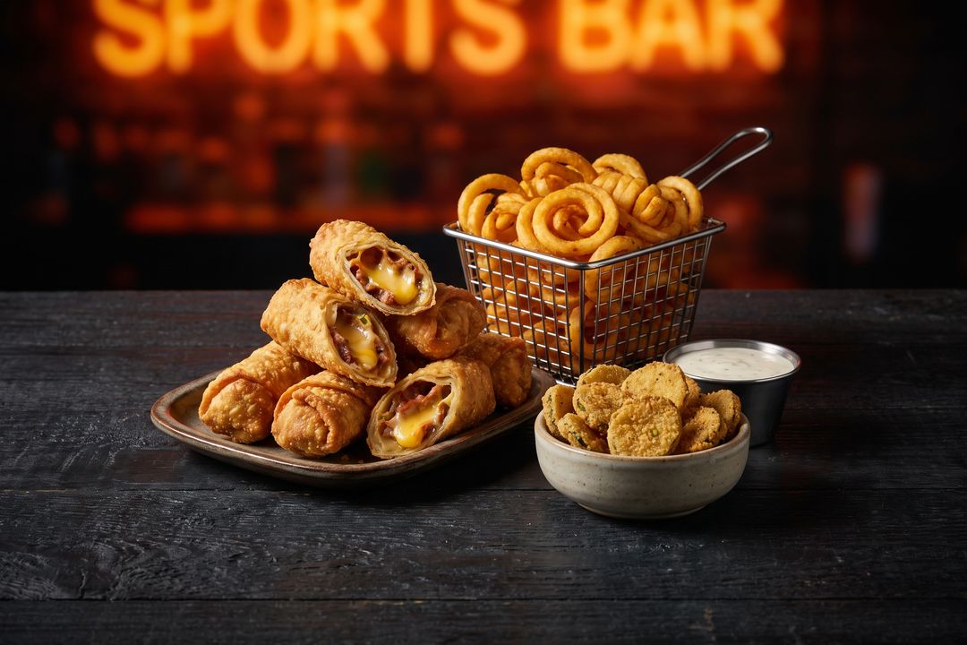 Crunch rolls, spiral fries and fried pickles