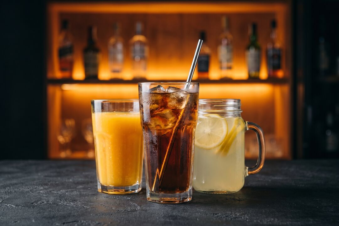 Cola, orange juice and lemonade